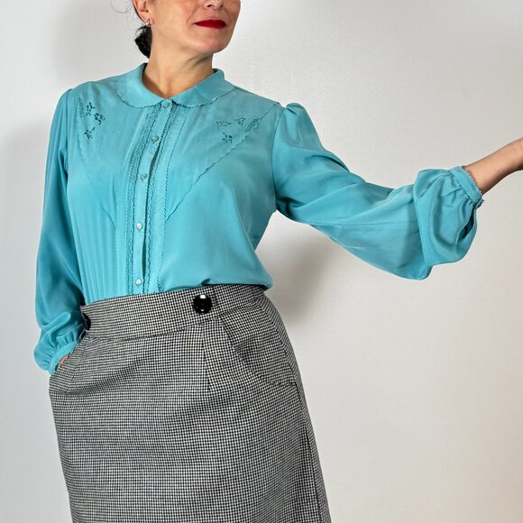 Vintage VIRONA Light Teal Embroidered Long Sleeve Blouse - Size 40 EU - Picture 5 of 11